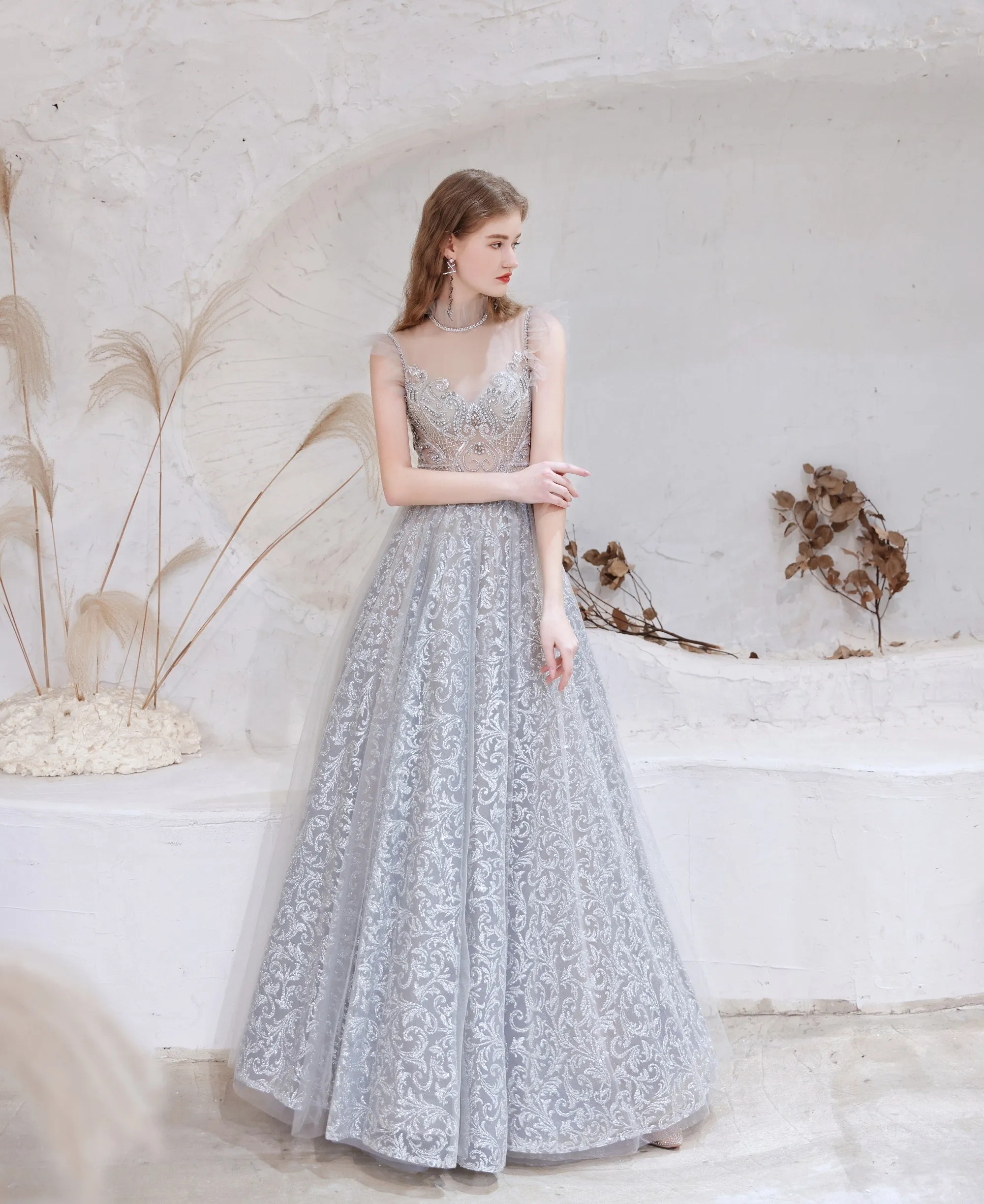 Gorgeous Beading High Neck Tulle Evening Dress, With Cape Sleeves