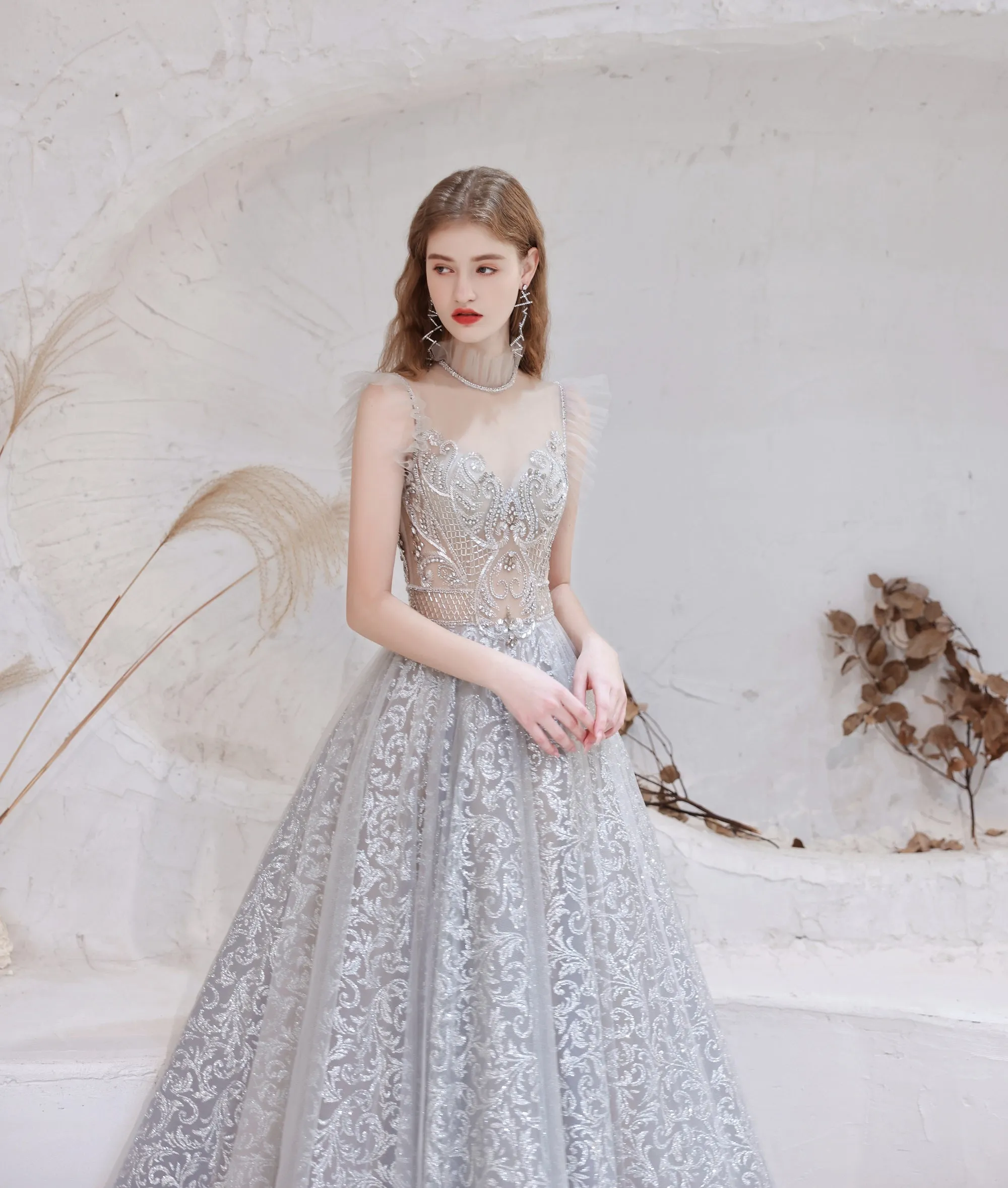 Gorgeous Beading High Neck Tulle Evening Dress, With Cape Sleeves