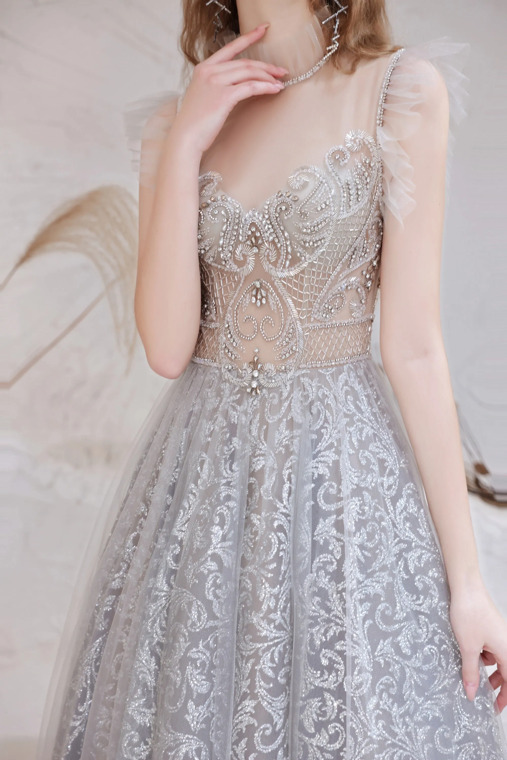 Gorgeous Beading High Neck Tulle Evening Dress, With Cape Sleeves