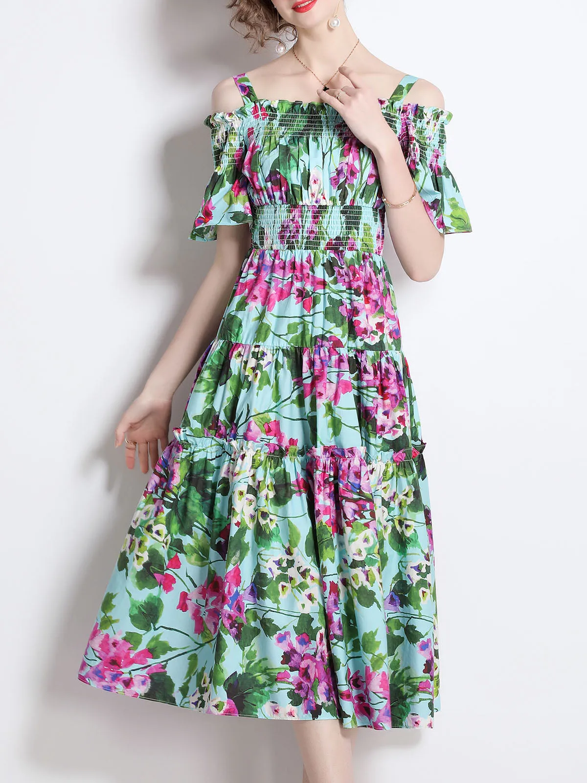 Green Strap Off Shoulder Stretchable High Waist Floral Printed Beach Midi Boho Dress