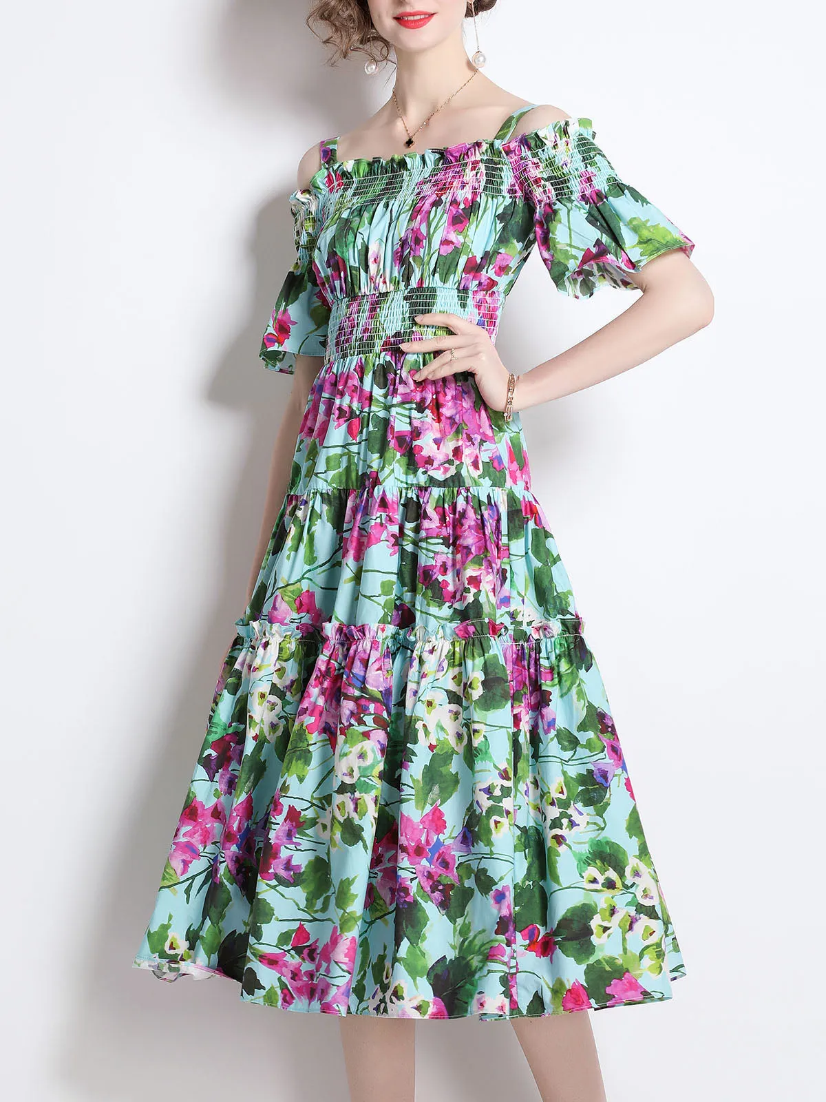 Green Strap Off Shoulder Stretchable High Waist Floral Printed Beach Midi Boho Dress