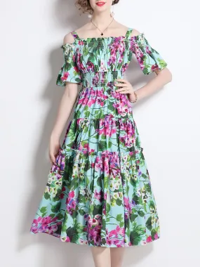 Green Strap Off Shoulder Stretchable High Waist Floral Printed Beach Midi Boho Dress