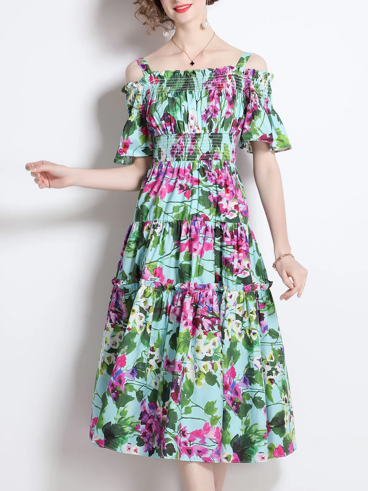 Green Strap Off Shoulder Stretchable High Waist Floral Printed Beach Midi Boho Dress