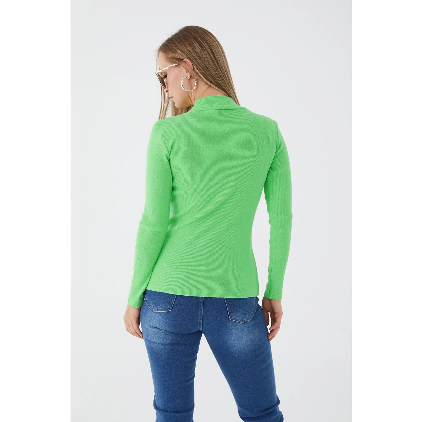 Green Turtleneck Ribbed Knitted Blouse