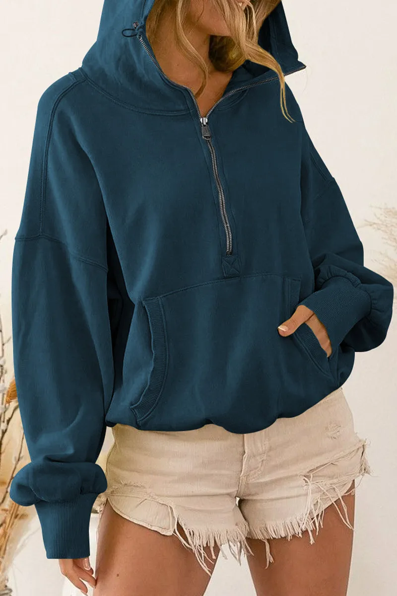 Half Zip Drop Shoulder Pullover Hoodie