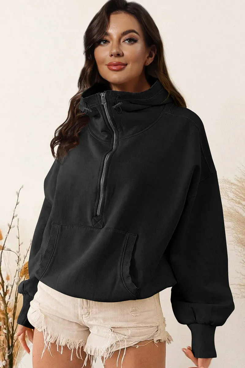 Half Zip Drop Shoulder Pullover Hoodie