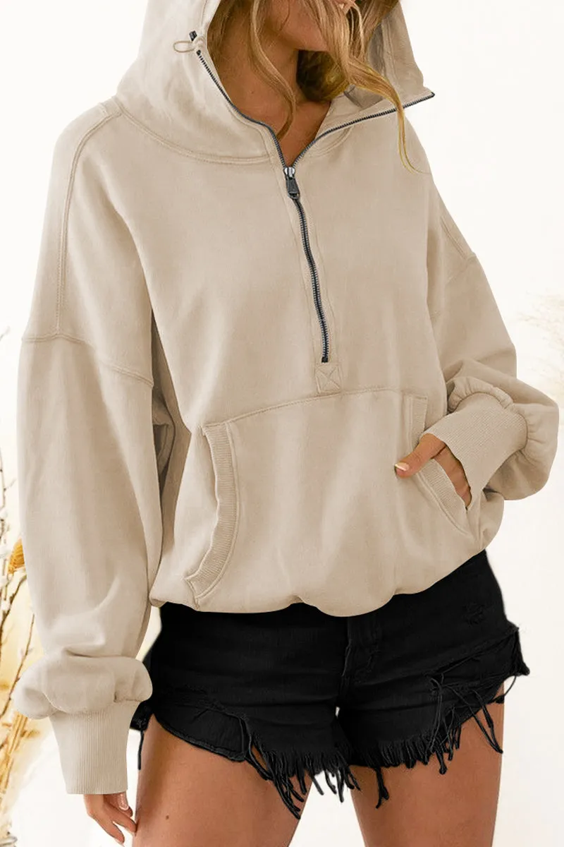 Half Zip Drop Shoulder Pullover Hoodie