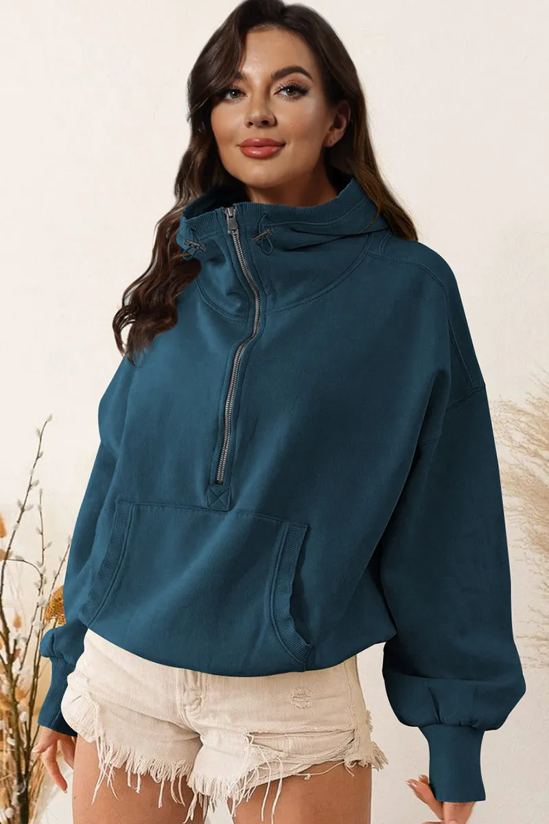 Half Zip Drop Shoulder Pullover Hoodie