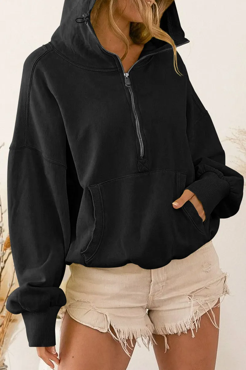 Half Zip Drop Shoulder Pullover Hoodie