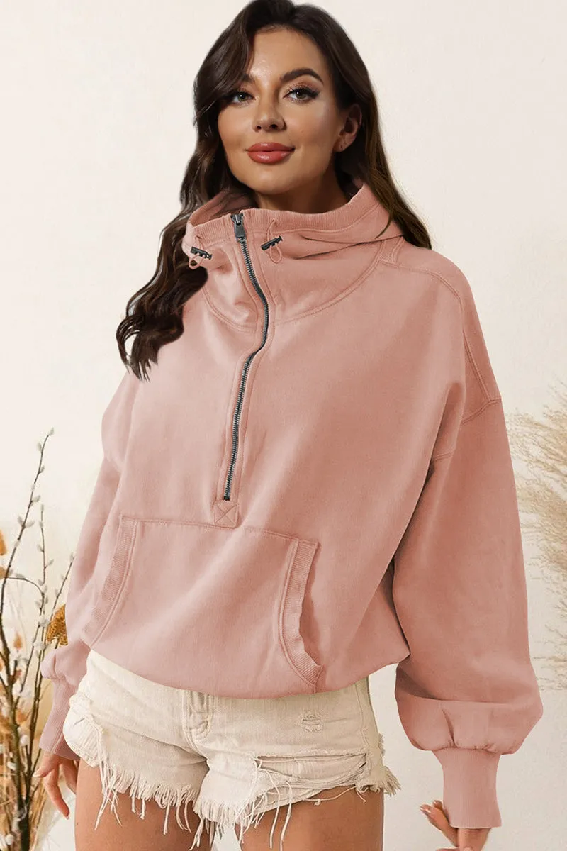 Half Zip Drop Shoulder Pullover Hoodie