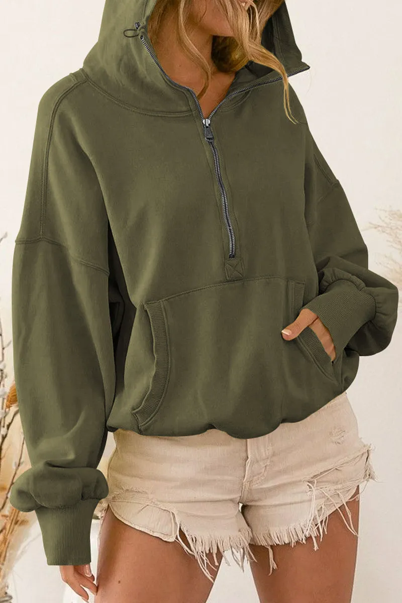 Half Zip Drop Shoulder Pullover Hoodie