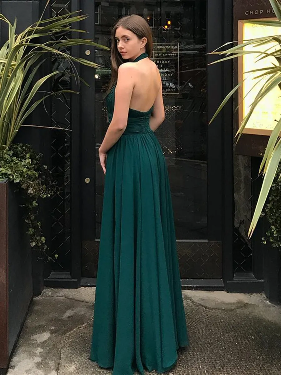 Halter V Neck Backless Green Chiffon Long Prom, Long Green Formal Graduation Evening