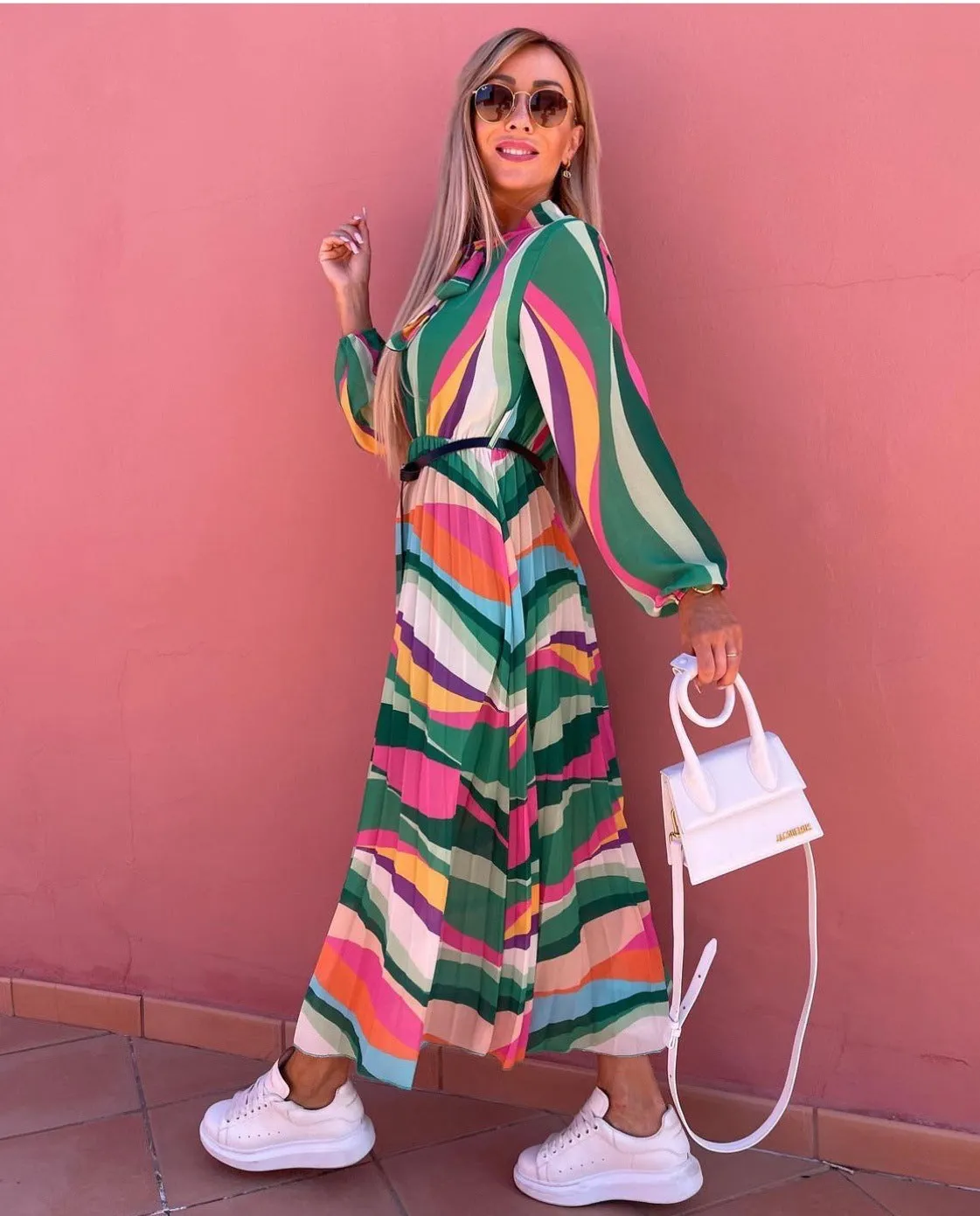 Holiday long-sleeved print maxi dress