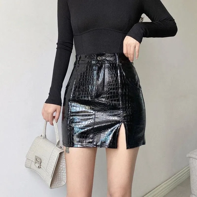 Hot Girl Black Leather Short Wrap Hip Skirt Bottom