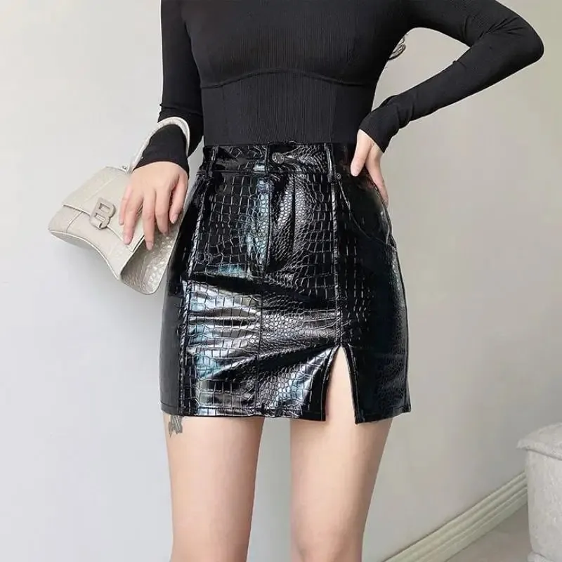 Hot Girl Black Leather Short Wrap Hip Skirt Bottom