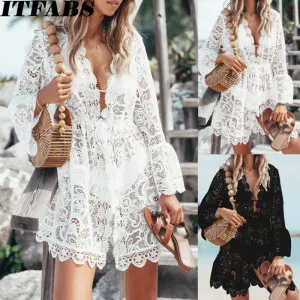 ITFABS   Floral Lace Bikini Cover-up Beach Dress White or Black