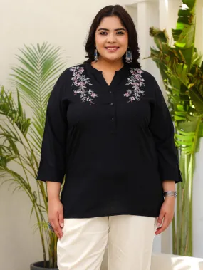 Jashvi Black Rayon Plus Size Tunic With Thread Embroidery