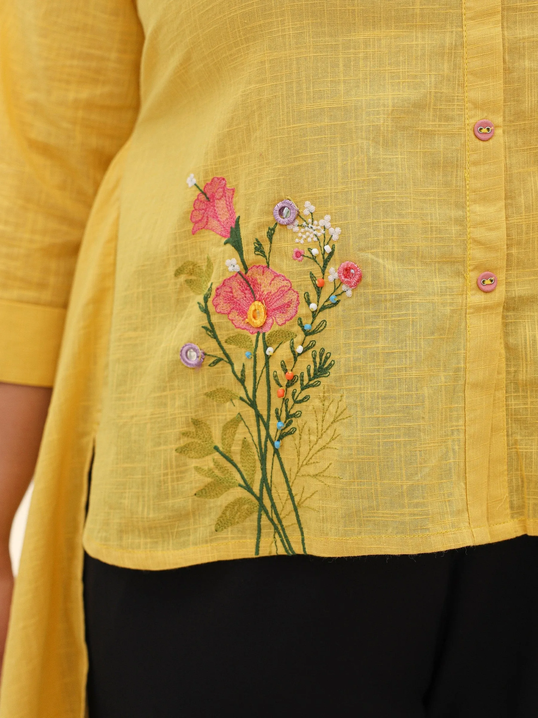 Jashvi Yellow Cotton Slub Plus Size High-Low Tunic With Embroidery