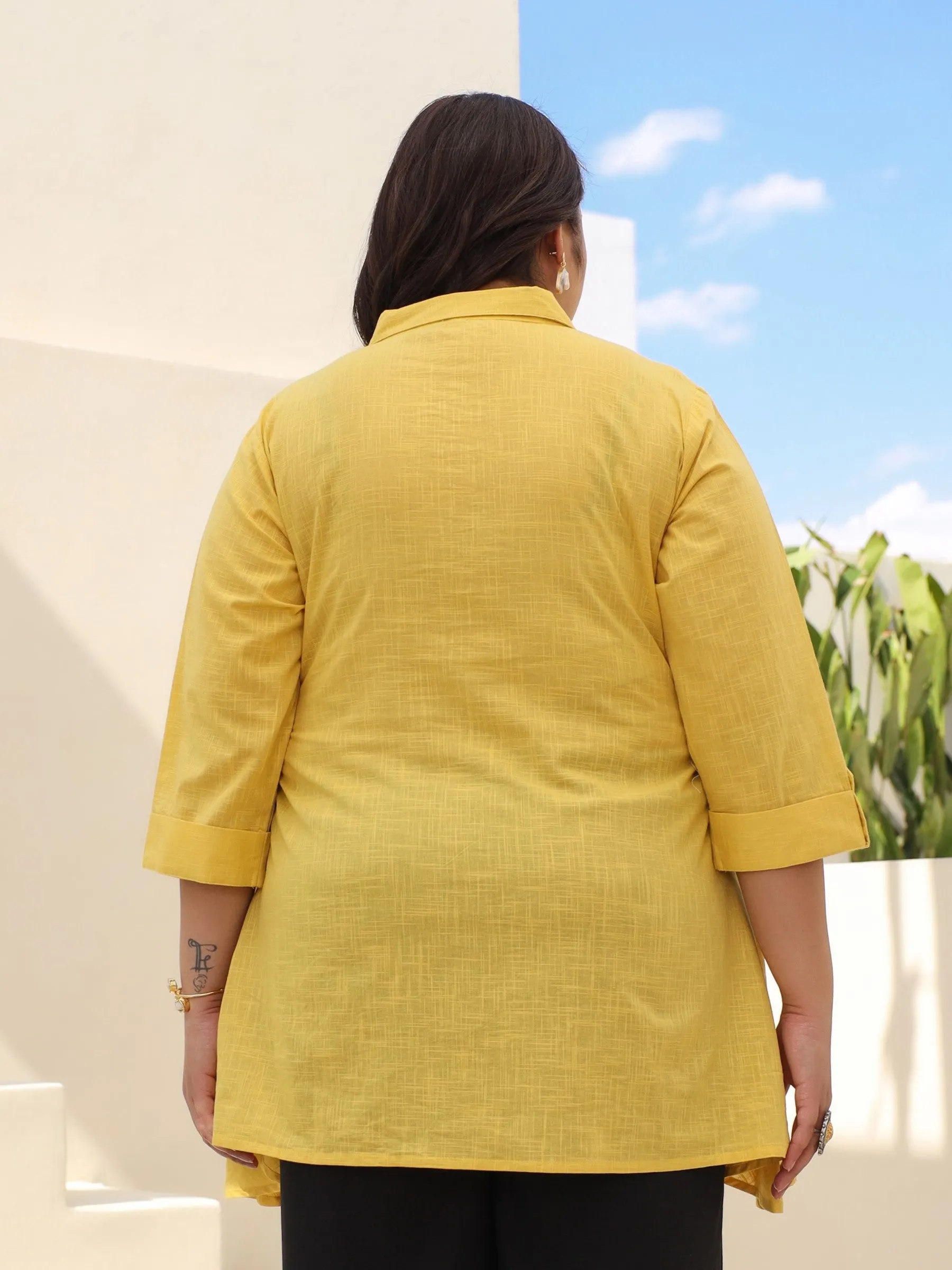 Jashvi Yellow Cotton Slub Plus Size High-Low Tunic With Embroidery