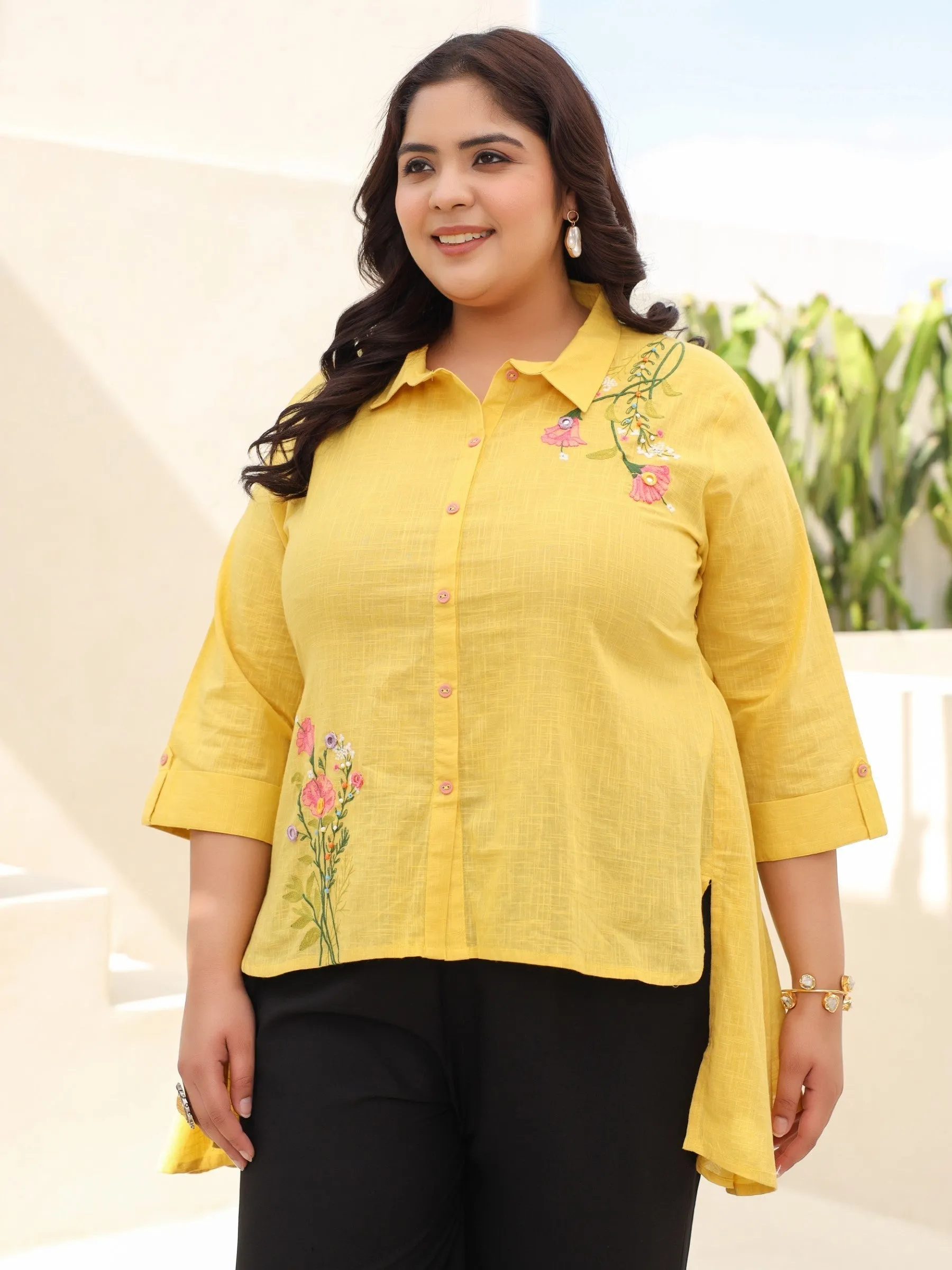 Jashvi Yellow Cotton Slub Plus Size High-Low Tunic With Embroidery