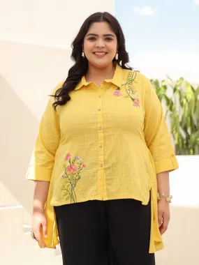 Jashvi Yellow Cotton Slub Plus Size High-Low Tunic With Embroidery