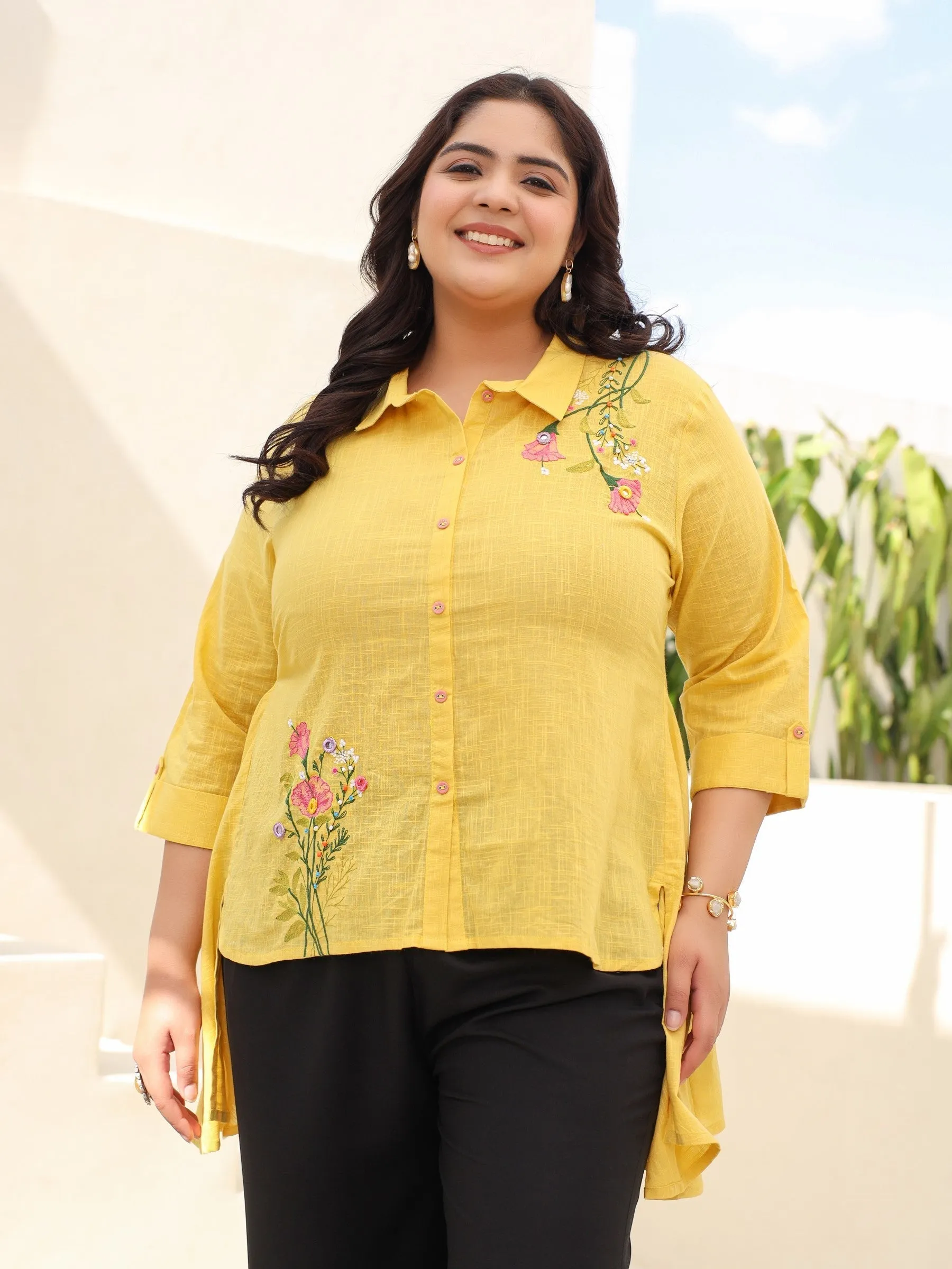 Jashvi Yellow Cotton Slub Plus Size High-Low Tunic With Embroidery