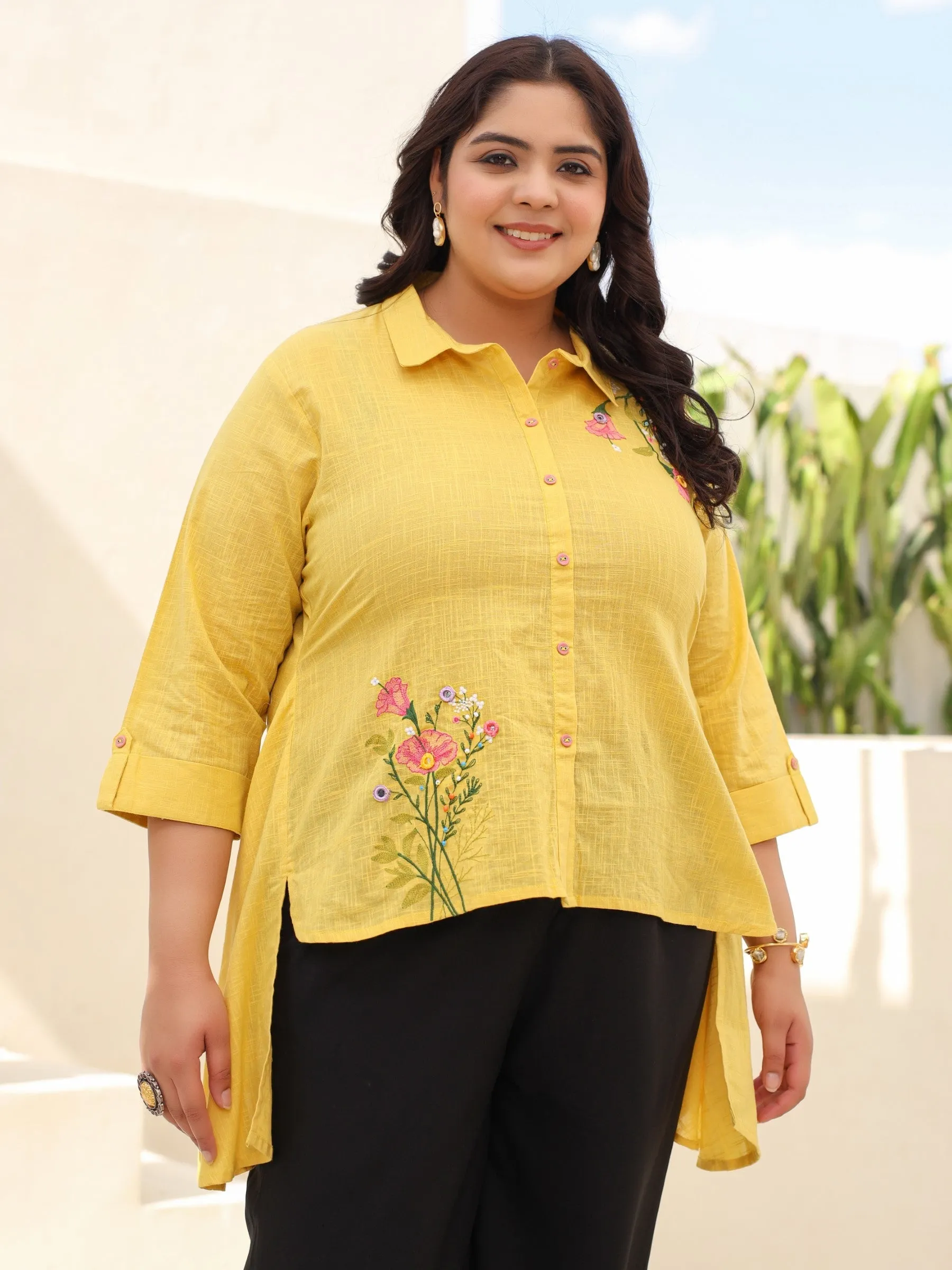 Jashvi Yellow Cotton Slub Plus Size High-Low Tunic With Embroidery