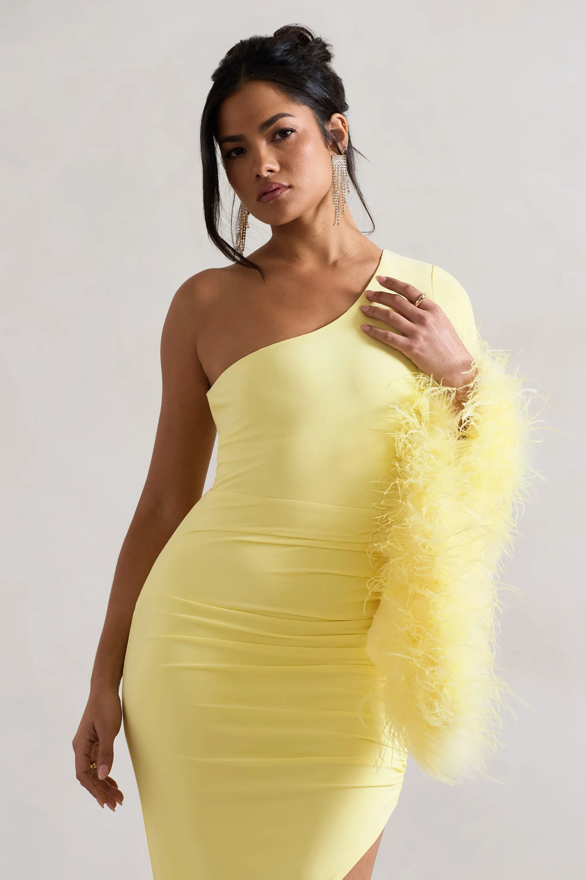 July | Lemon Asymmetric One Shoulder Cape Midi Dress With Feathers