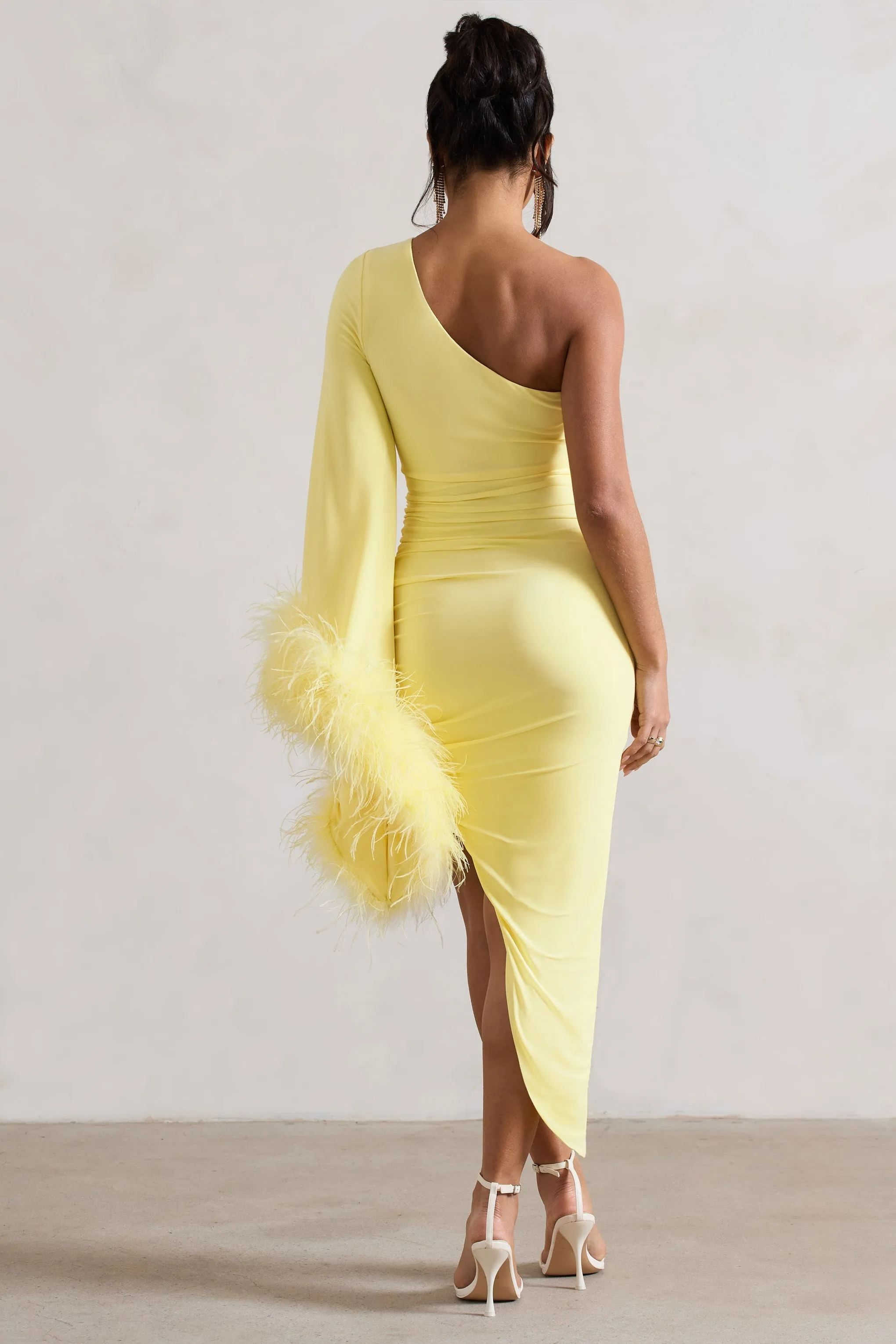 July | Lemon Asymmetric One Shoulder Cape Midi Dress With Feathers