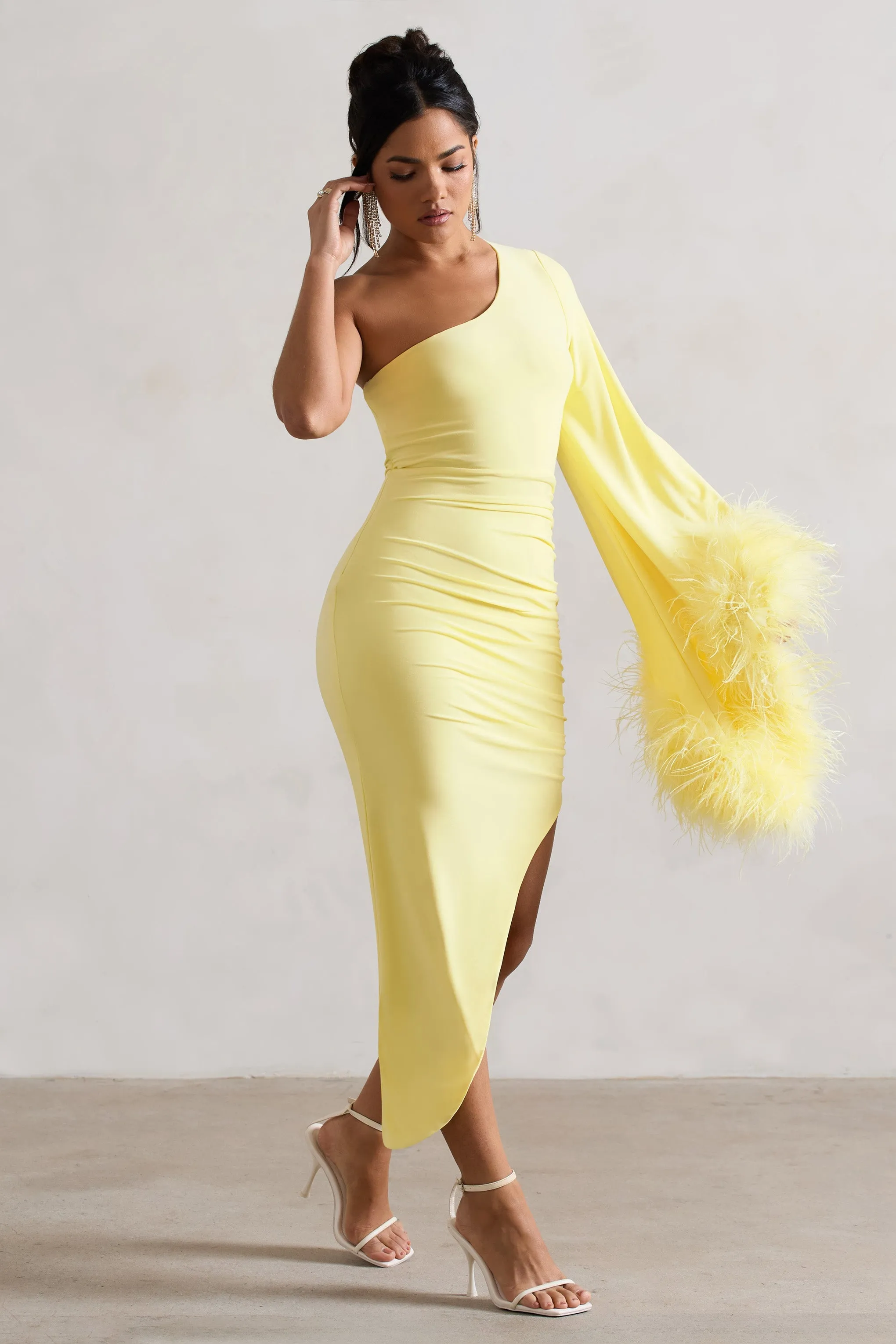 July | Lemon Asymmetric One Shoulder Cape Midi Dress With Feathers