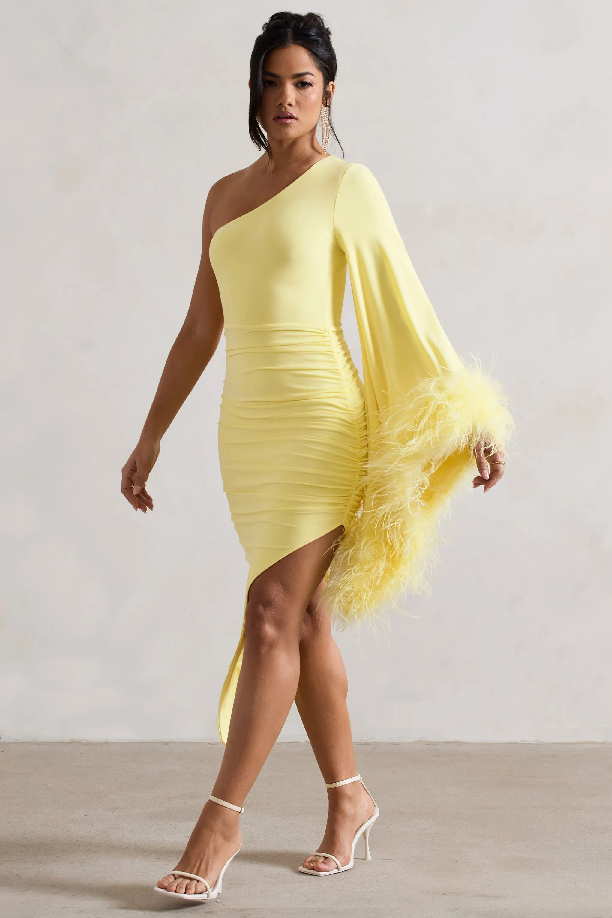 July | Lemon Asymmetric One Shoulder Cape Midi Dress With Feathers