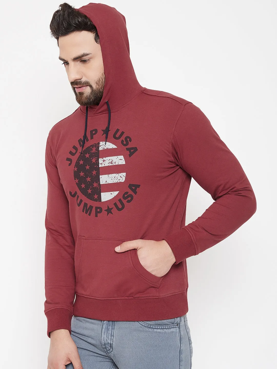 JUMP USA Men Red Self Design Hooded Pullover Sweatshirt