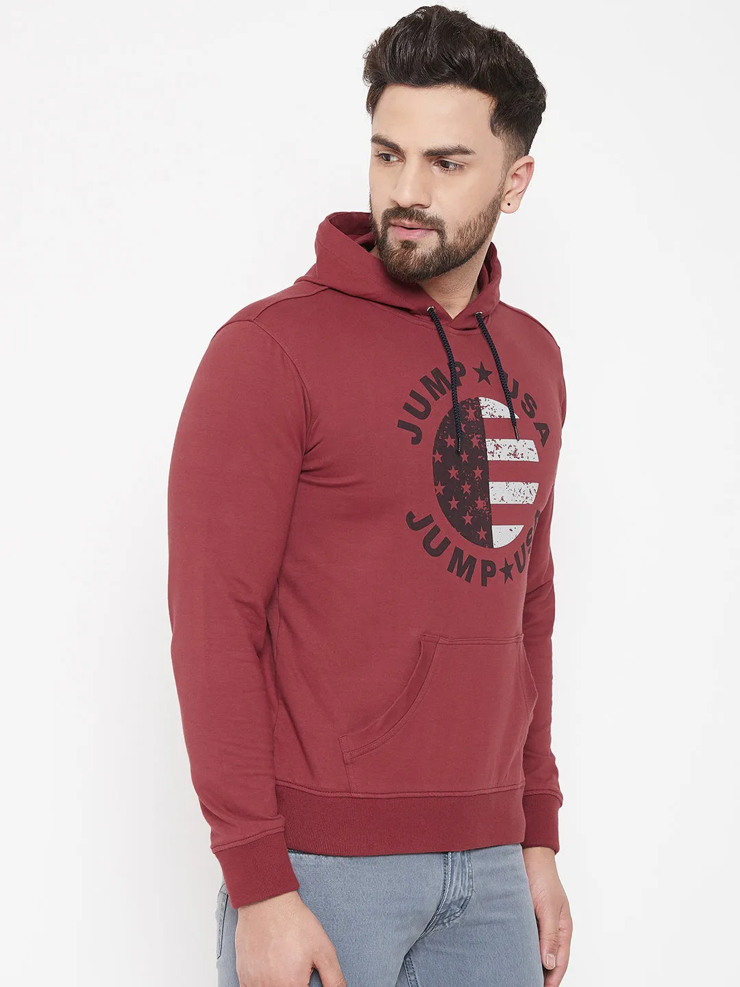 JUMP USA Men Red Self Design Hooded Pullover Sweatshirt