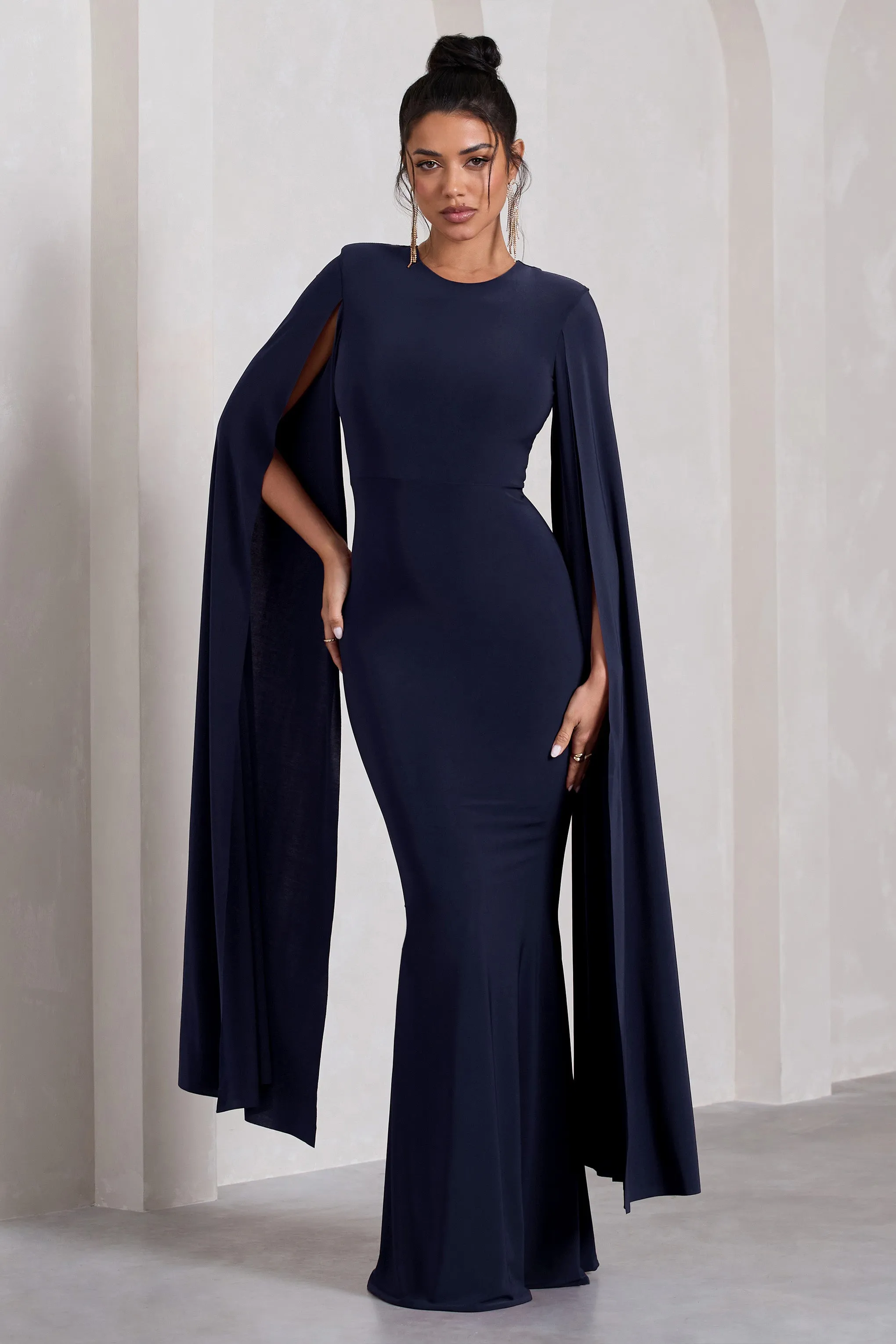 Kimmy | Navy High Neck Maxi Dress With Cape Sleeves