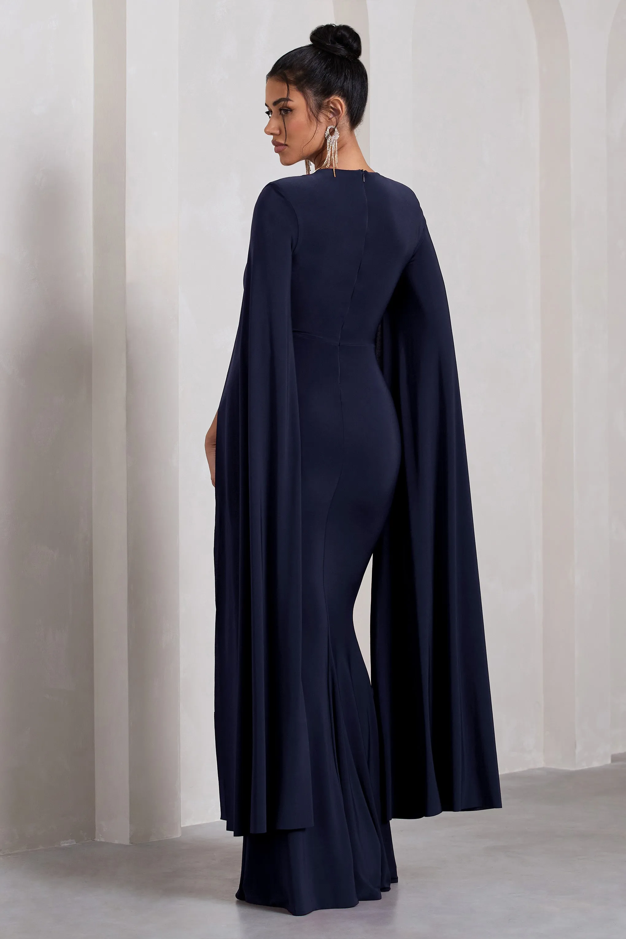 Kimmy | Navy High Neck Maxi Dress With Cape Sleeves