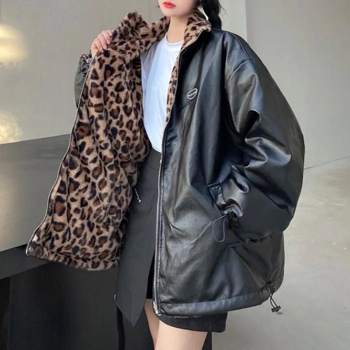 Leopard Print Black Leather Double Sided Jacket