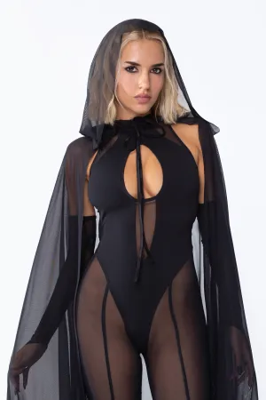 Lilith Mesh Sleeveless Romper   Hooded Mesh Cape