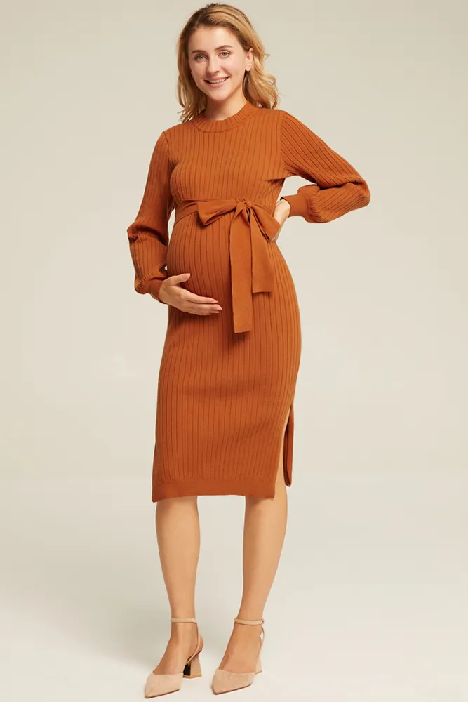 Maacie Maternity Side Slit Sweater Mock Neck Knitted Bodycon Dress