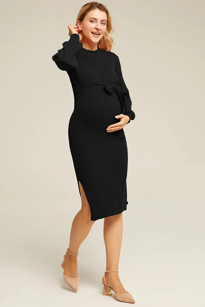 Maacie Maternity Side Slit Sweater Mock Neck Knitted Bodycon Dress