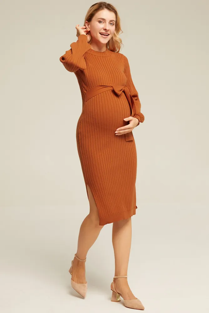 Maacie Maternity Side Slit Sweater Mock Neck Knitted Bodycon Dress