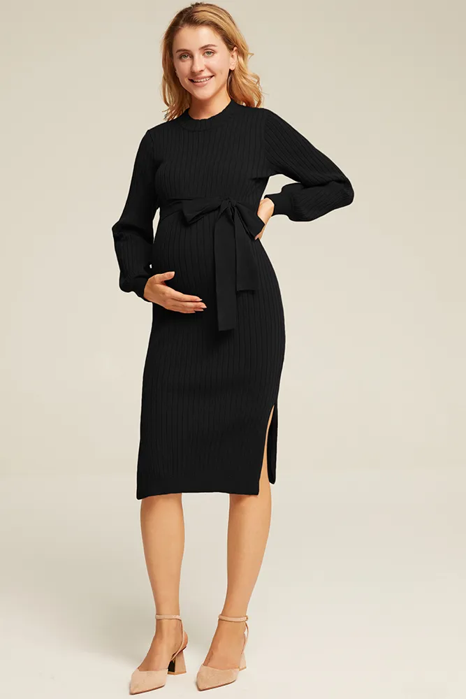 Maacie Maternity Side Slit Sweater Mock Neck Knitted Bodycon Dress