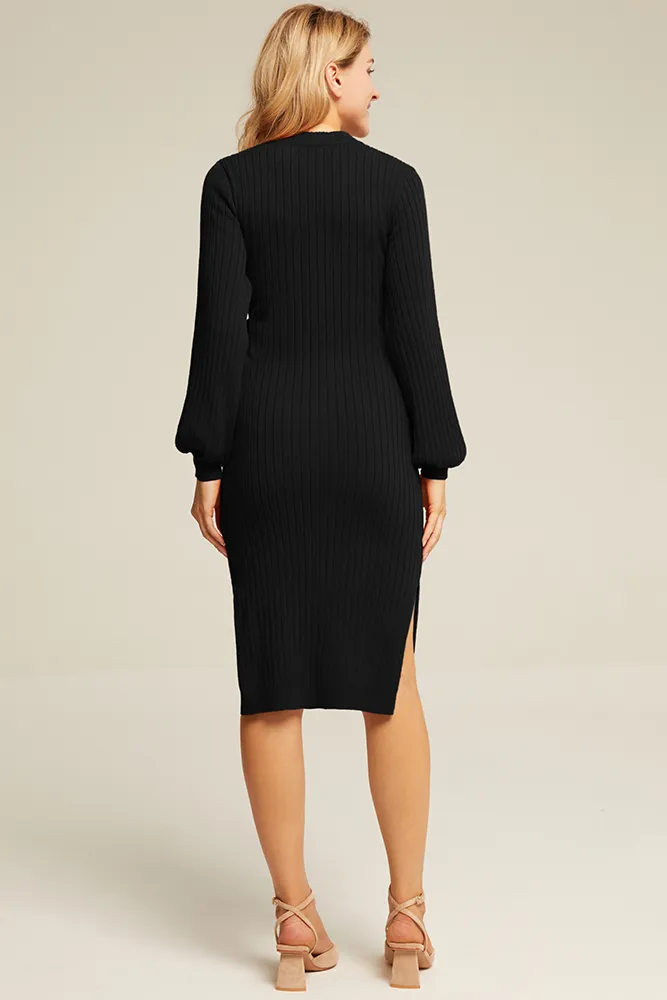 Maacie Maternity Side Slit Sweater Mock Neck Knitted Bodycon Dress