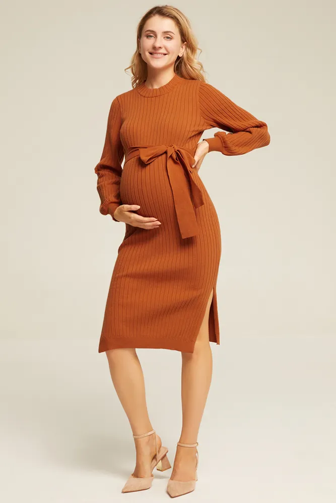 Maacie Maternity Side Slit Sweater Mock Neck Knitted Bodycon Dress