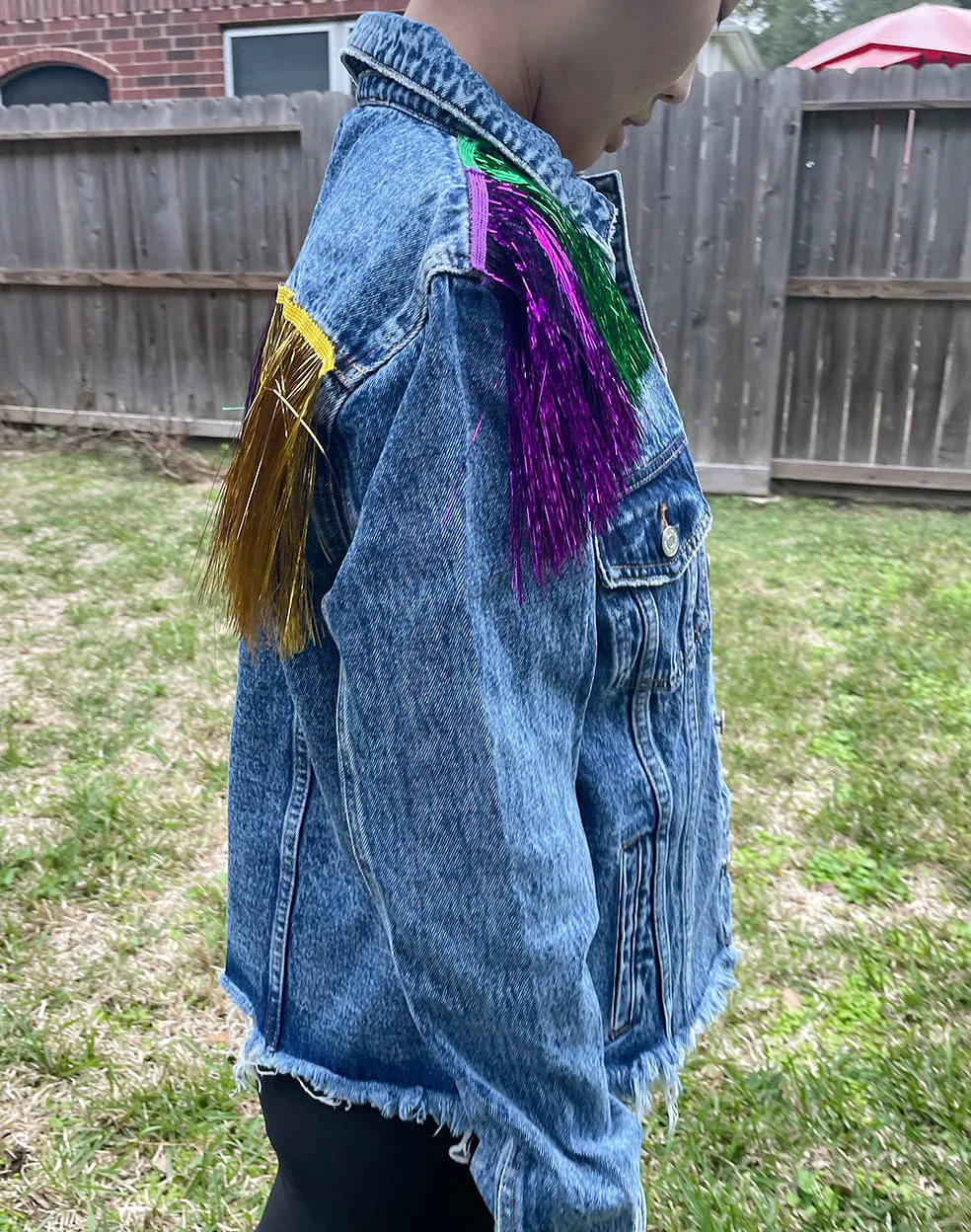 Mardi Gras fringed denim jacket/ Mardi Gras denim jacket