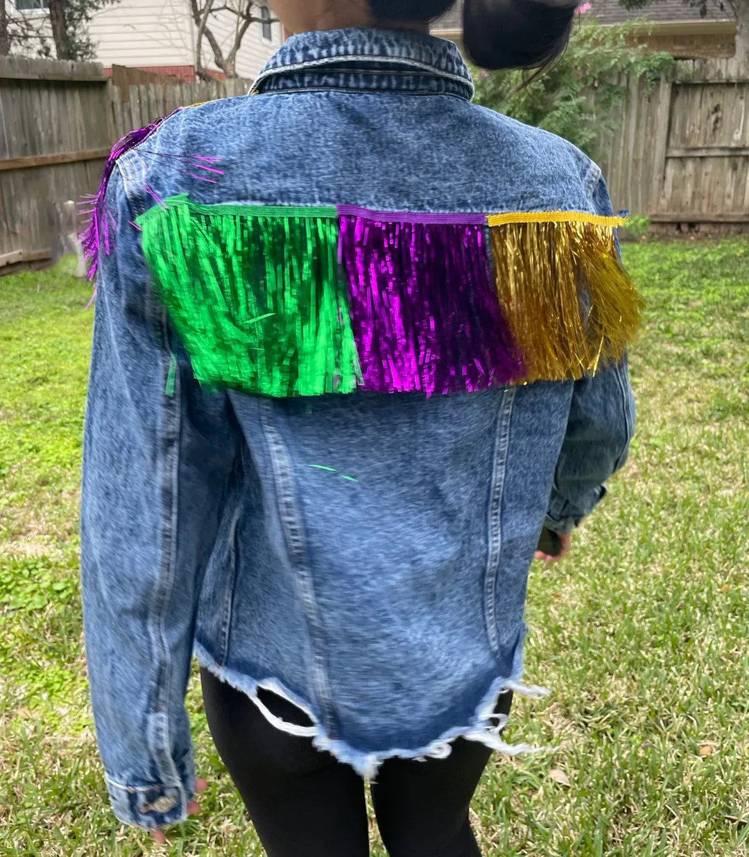 Mardi Gras fringed denim jacket/ Mardi Gras denim jacket