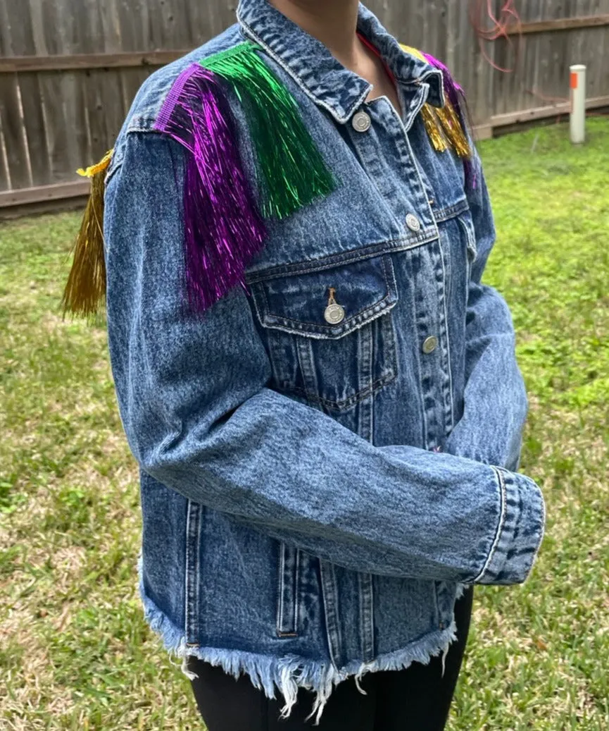 Mardi Gras fringed denim jacket/ Mardi Gras denim jacket