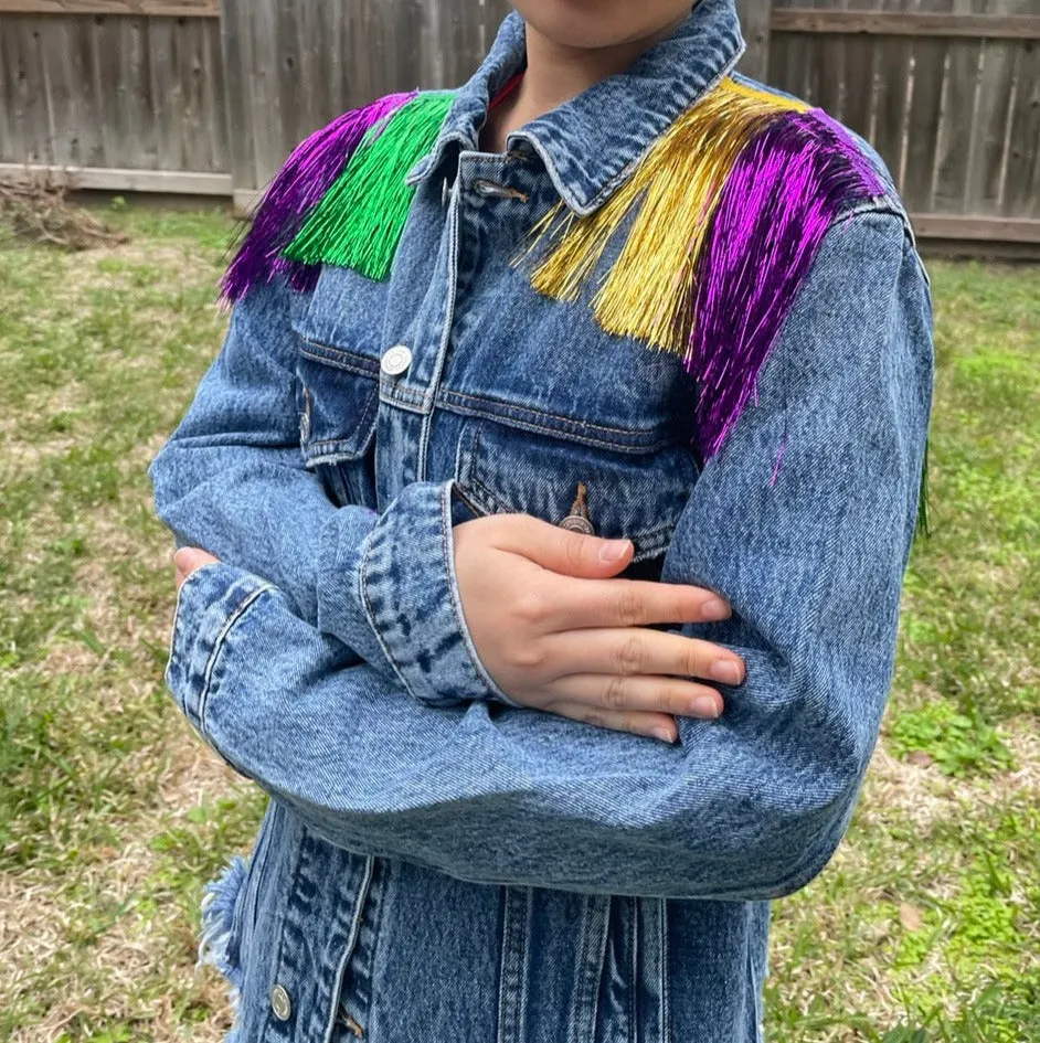 Mardi Gras fringed denim jacket/ Mardi Gras denim jacket