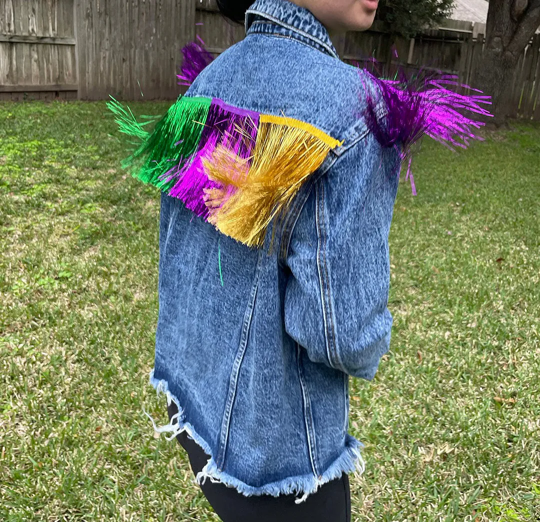 Mardi Gras fringed denim jacket/ Mardi Gras denim jacket