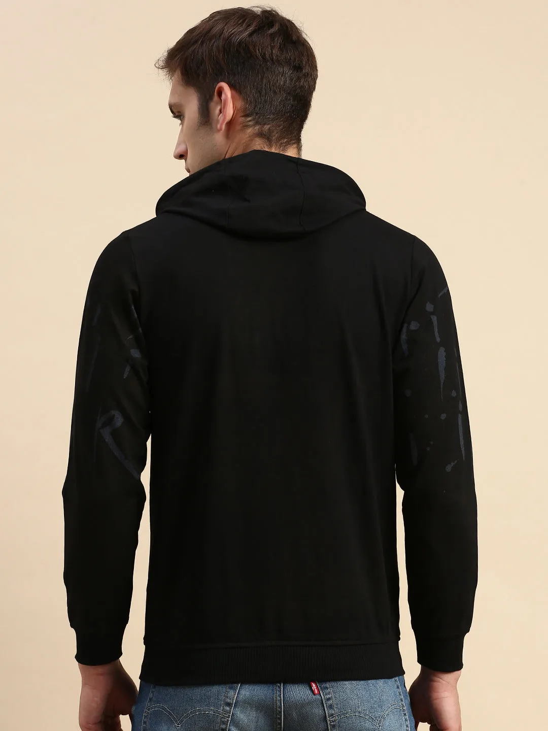 Men Black Printed Casual Hoodie