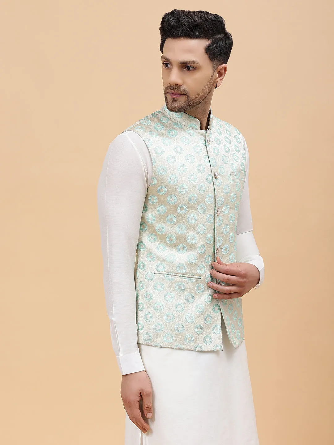 Men Gold & Turquoise Blue Woven Design Jacquard Neharu Jacket